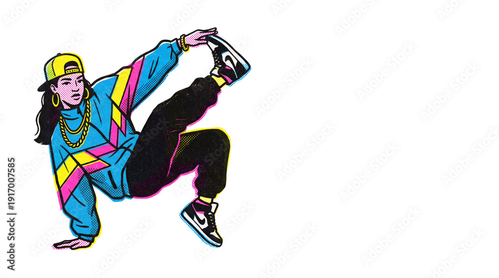 Fototapeta premium A vibrant illustration of a 90s dancer with a gold chain and sneakers