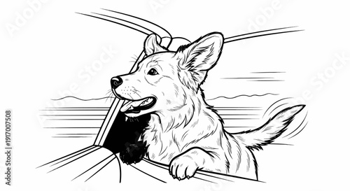A happy dog's head pops out of a car window enjoying the ride