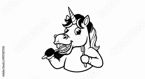 A cartoon unicorn with a horn, brushing its teeth with a toothbrush