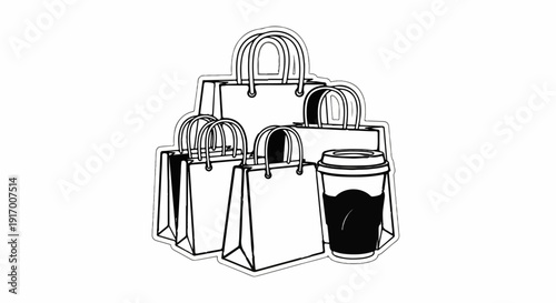 A collection of paper shopping bags and a disposable coffee cup
