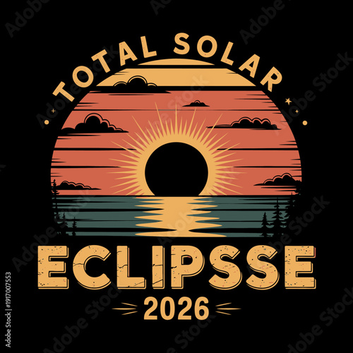 A stylized graphic of a solar eclipse with the words 'Total Solar Eclipse 2026'.