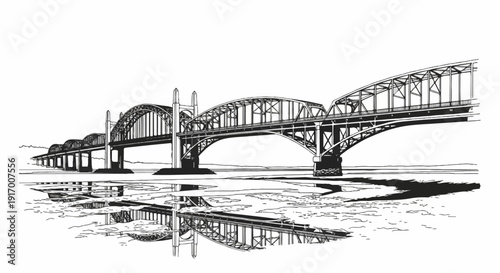 A detailed sketch of a long arched bridge over water with its reflection