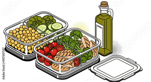 Healthy meal prep with fresh ingredients and olive oil in isometric containers