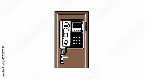 A digital lock with a keypad and screen is mounted on a brown door