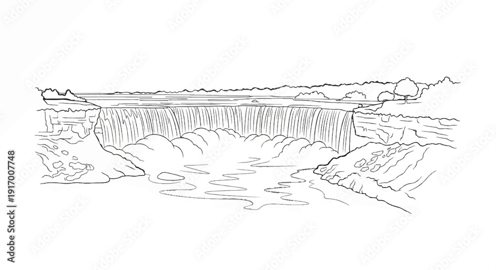 Fototapeta premium A dramatic waterfall cascades over layered cliffs into a misty pool below, surrounded by trees