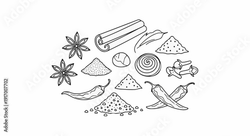 A collection of various spices including cinnamon, star anise, chilies, and powders