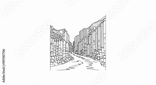 A dramatic line drawing of a river flowing through a narrow canyon with towering basalt columns