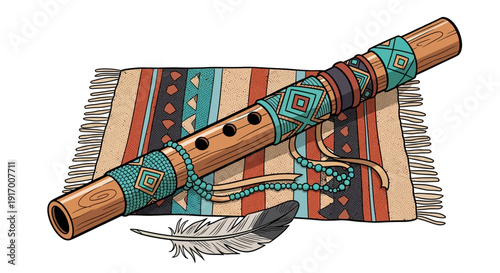 Native american flute with feather and patterned blanket