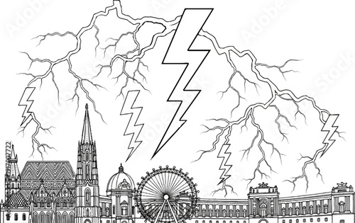 A dramatic storm over a historic city skyline with a Ferris wheel