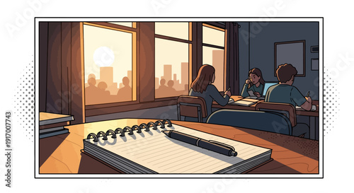 Classroom scene at sunset with notepad in foreground and students studying