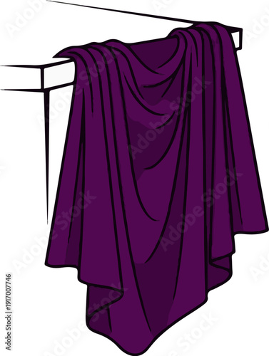 A draped purple cloth hangs from a horizontal bar