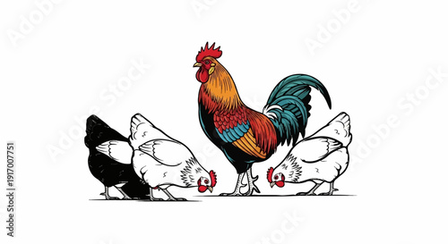 A colorful rooster stands among white and black hens pecking at the ground
