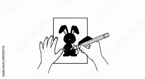A drawing of a bunny with a pencil and hands
