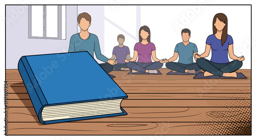 Meditation class with focus on learning: diverse group practicing mindfulness indoors