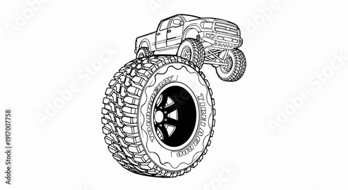 A drawing of a monster truck perched atop a giant tire