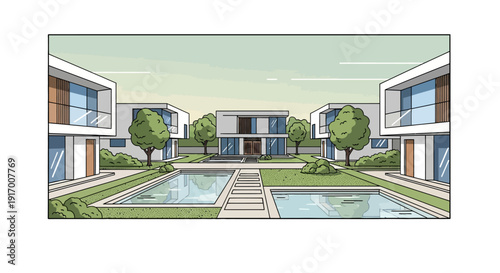 Modern minimalist architecture with green courtyard and reflection pools at sunset