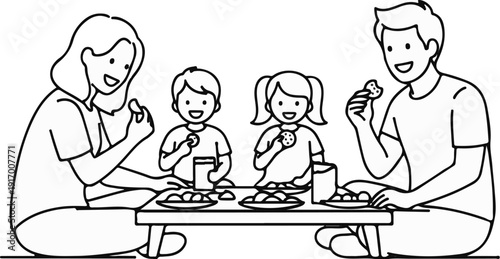 A happy family enjoys snacks and drinks around a low table