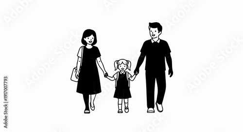 A happy family of three walks hand in hand, father, mother and daughter