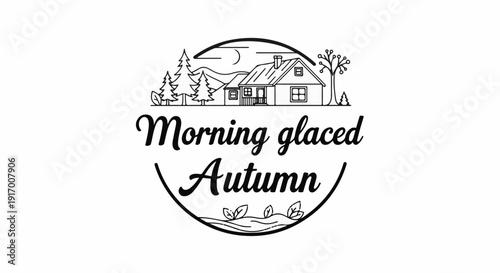 A cozy cabin scene with trees and moon over text