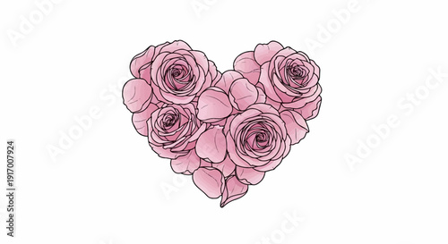 A heart shape formed by pink roses and petals