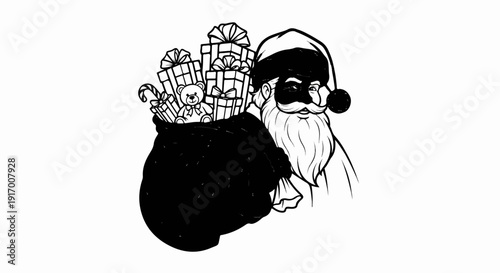 A festive figure with a sack full of gifts, including a bear and candy canes