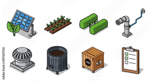 Isometric eco friendly energy and sustainable farming graphic elements