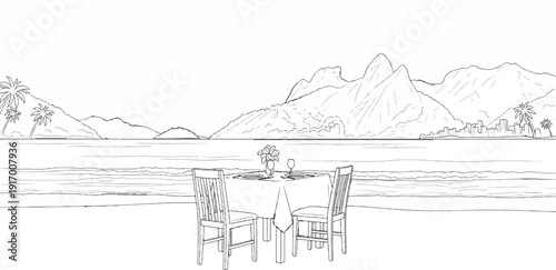 A romantic beachside dinner setting with a table for two overlooking ocean, mountains, and city