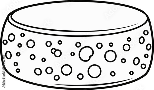 A round block of cheese with numerous holes of various sizes