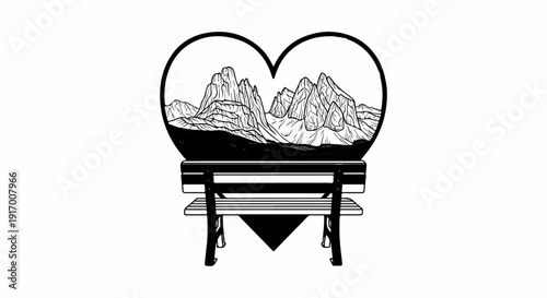 A heart-shaped frame surrounds a scenic mountain view from a park bench