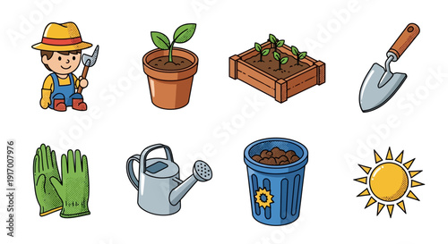 Gardening icons collection featuring plants, tools, and sunshine in colorful cartoon style