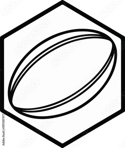 A minimalist line drawing of a rugby ball inside a hexagon