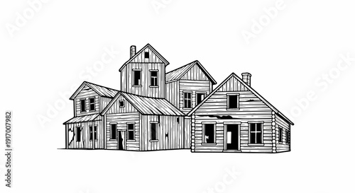 A row of dilapidated, wooden buildings with broken windows and worn structures