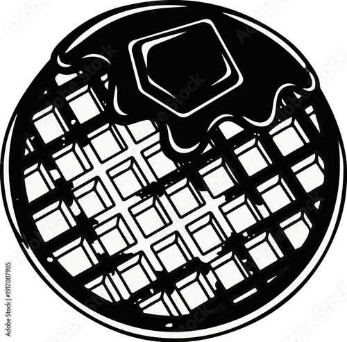 A round waffle with syrup and a pat of butter