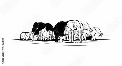 A herd of elephants, both adult and young, walk together near a body of water