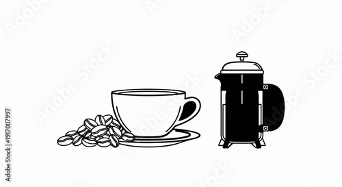A cup of coffee with beans beside a French press coffee maker