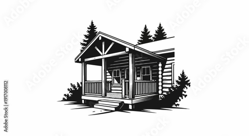 A rustic log cabin with a porch and trees in a black and white illustration