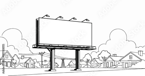 A large billboard stands tall over a suburban street lined with houses