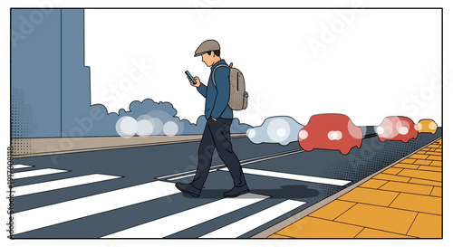 Urban pedestrian in comic style crossing street with cars and buildings in background
