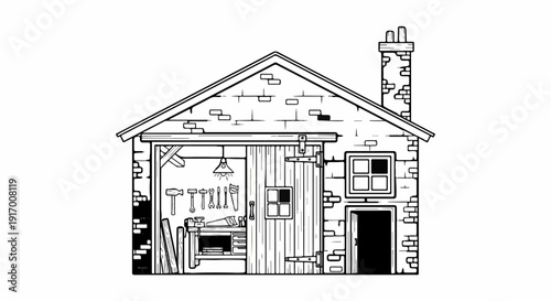 A rustic stone workshop with tools, a workbench, and a sliding barn door