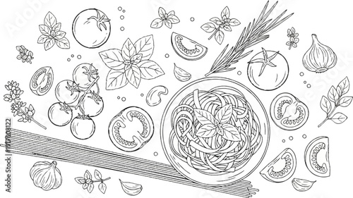 A minimalist sketch of pasta, tomatoes, garlic, basil, and rosemary
