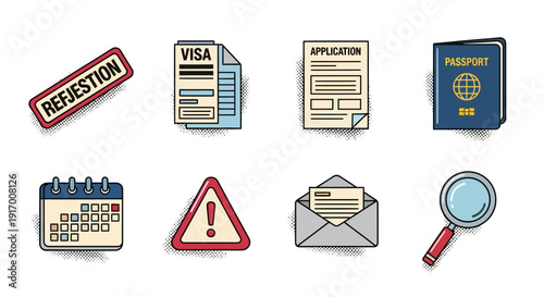 Essential travel and administrative icons set with passport, visa, and application elements