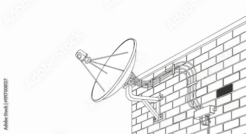 A satellite dish is mounted on a brick wall, with cables running along