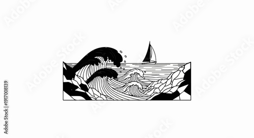 A sailboat navigates through powerful, stylized ocean waves crashing against rocky shores