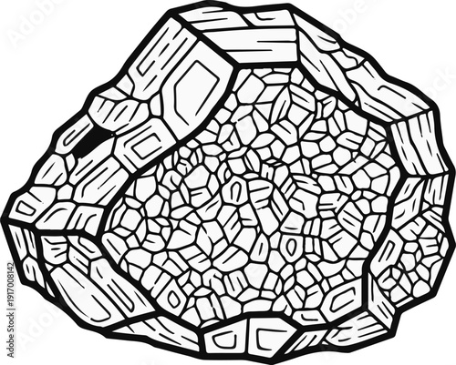 A monochromatic line drawing depicting a geometric, faceted, crystalline structure