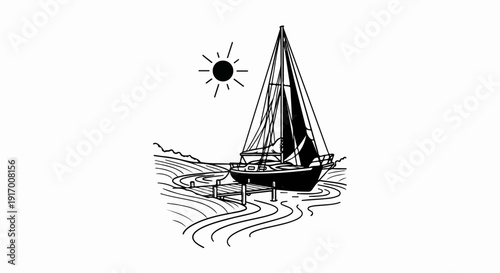 A sailboat rests at a pier under a bright sun on calm waters