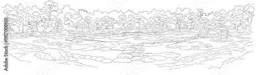 A monochromatic sketch of a forest stream with scattered rocks and stepping stones