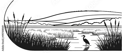 A monochrome drawing depicts a marsh landscape with reeds, a bird, and rolling hills