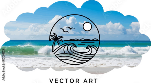 A scenic beach with crashing waves, a palm tree, and two birds under a bright sun