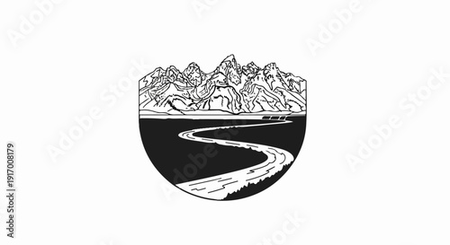 A scenic depiction of jagged mountains overlooking a winding river
