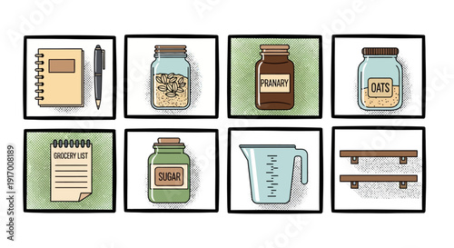 Retro kitchen storage and supplies in pop art style with notepad and jars